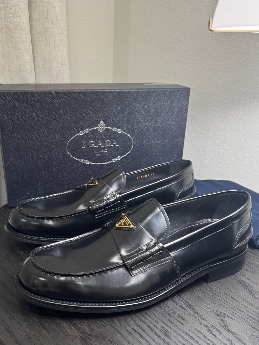 Prada Brushed Leather Triangle Logo Dress Shoe Loafers Black 12